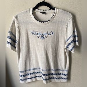 Blue and White Embroidered Floral Sweater